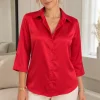 Camisa clásica manga 3/4 sin puño de satén liso Premium SARAY - Gaby Chic