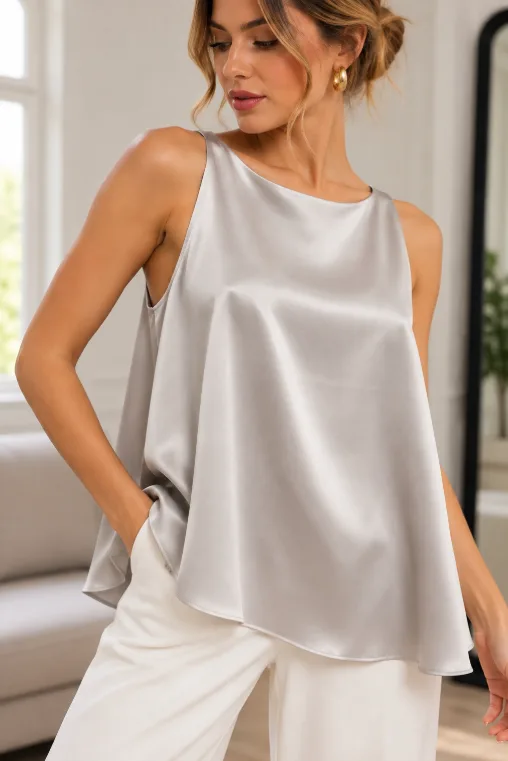 Musculosa amplia cuello redondo de satén liso Premium LUZ - Gaby Chic