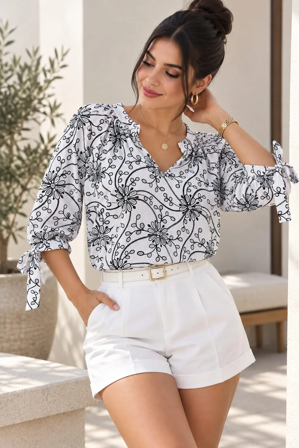 Blusa 3/4 con lazos en la manga de cey Puff TIARA