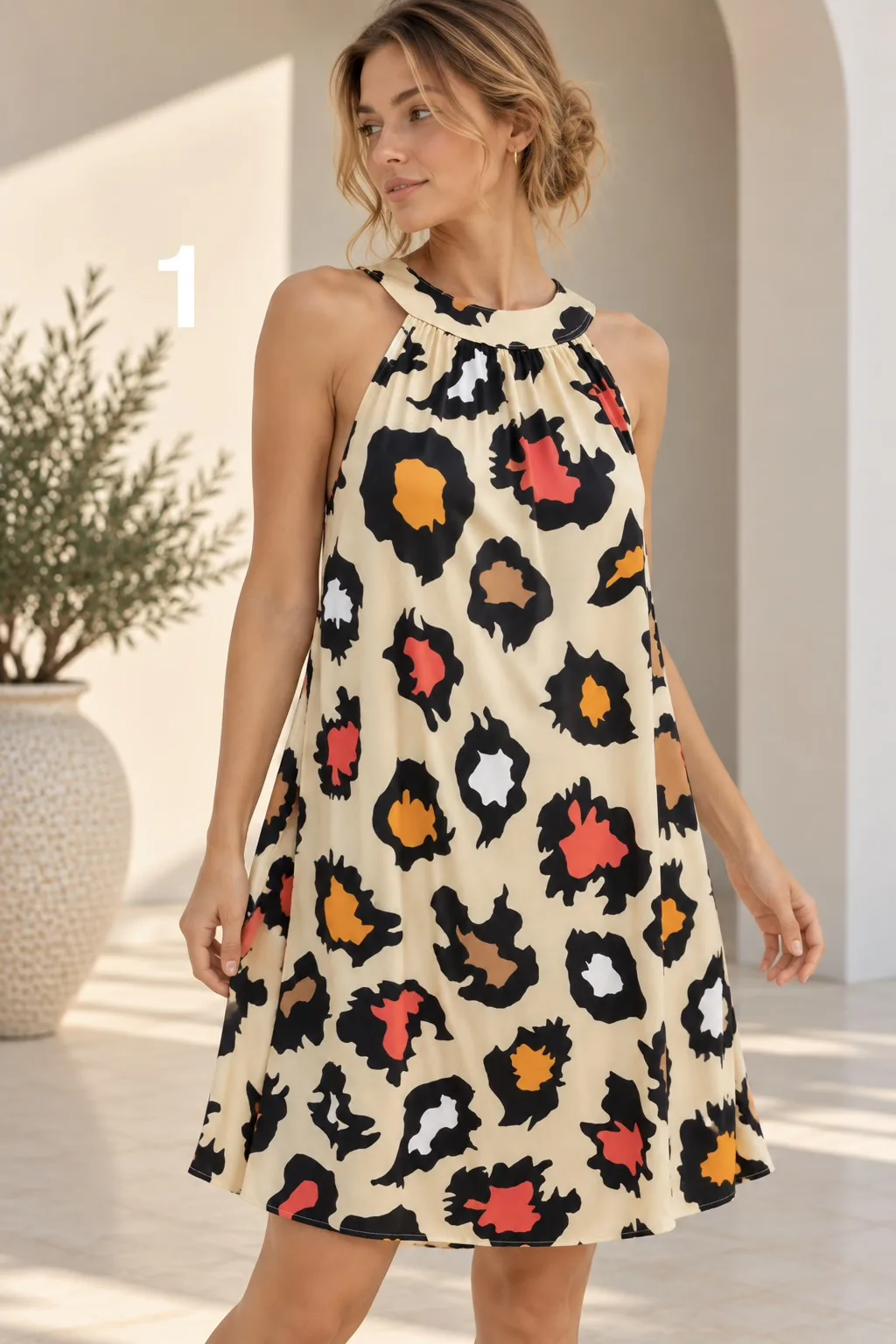 Vestido cuello americano de satén estampado ISABEL